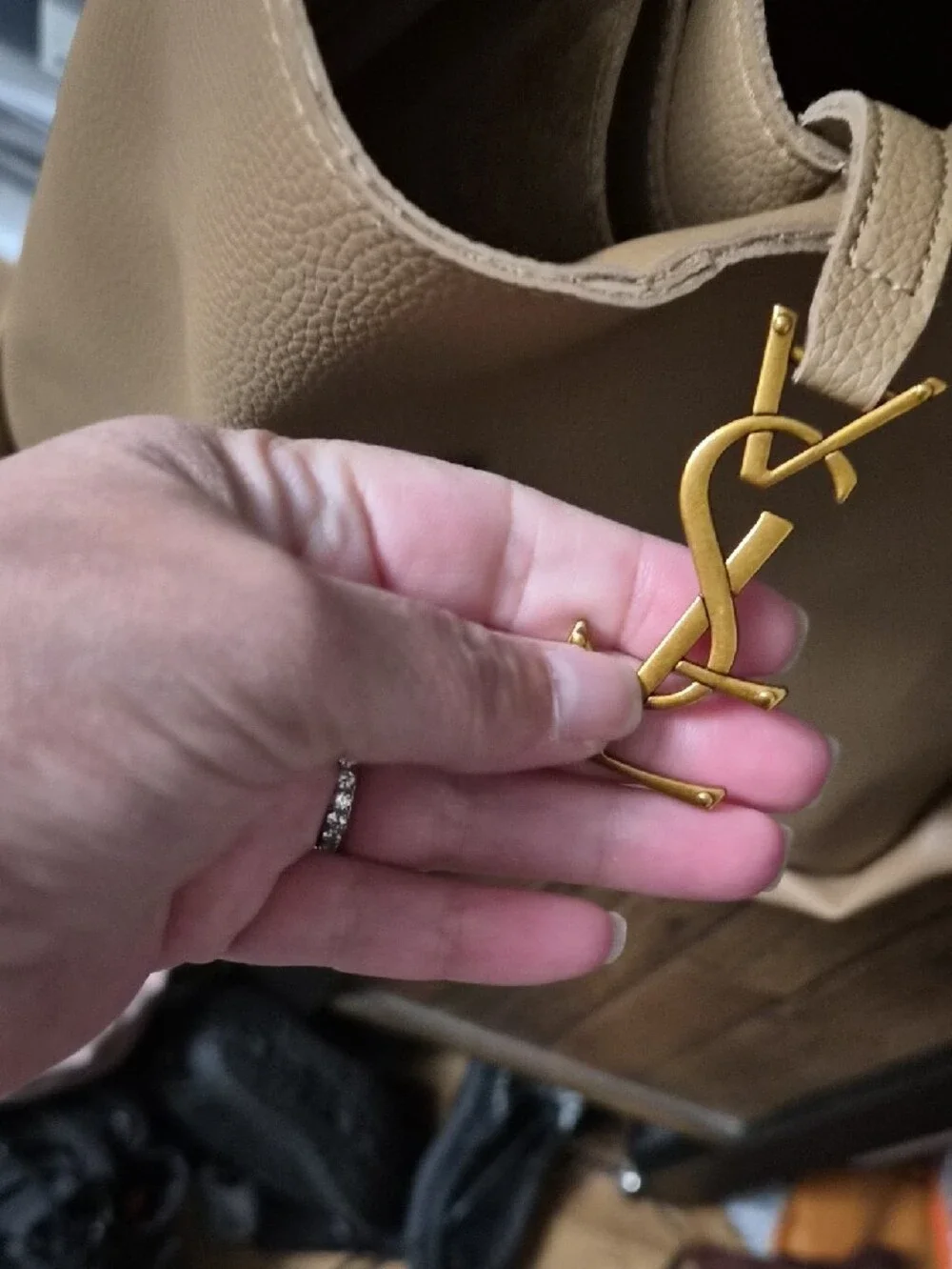 Yves Saint Laurent Pebbled Leather Beige Shoulder Tote with Gold YSL Charm